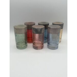 Interglass Italy Etched Colored Glass‎ Silver Plate Rim Liqueur Glass SET 6 AB